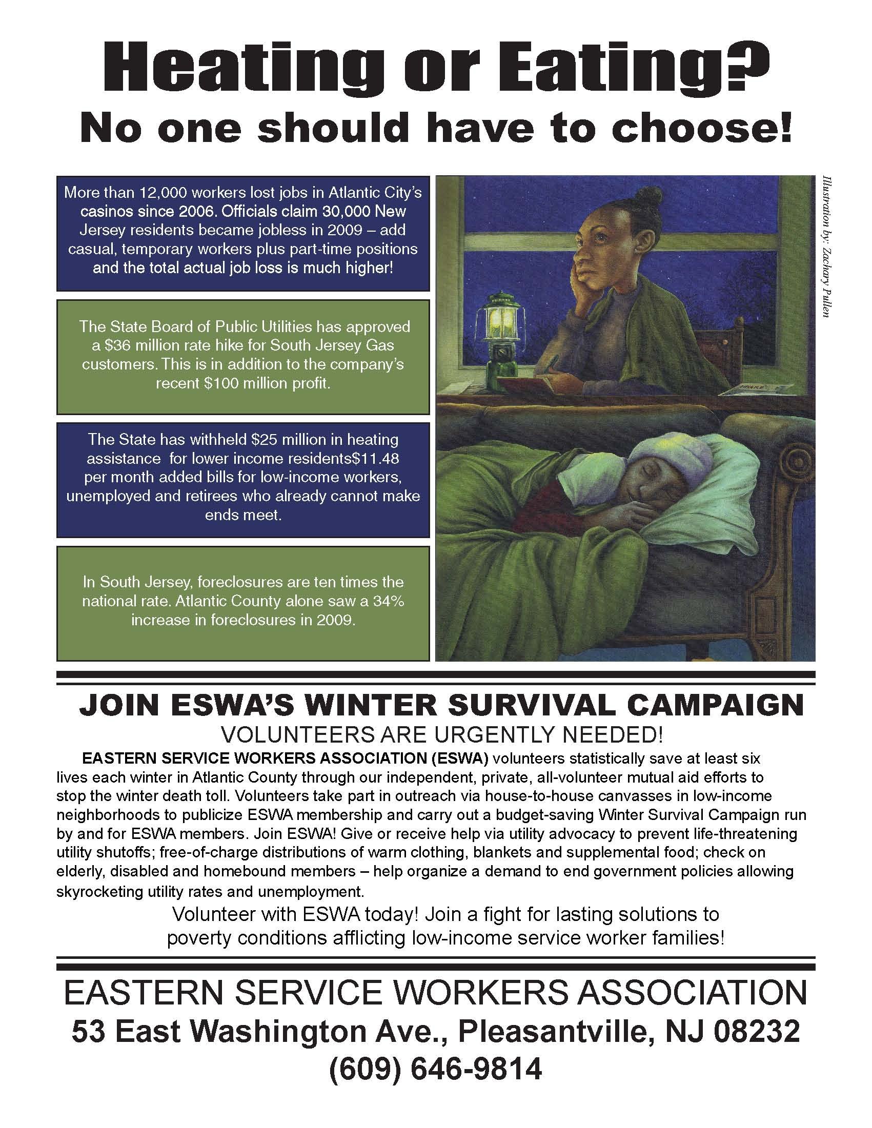 A flyer saying "Heating or eating?" with an unhappy woman next to a sleeping child