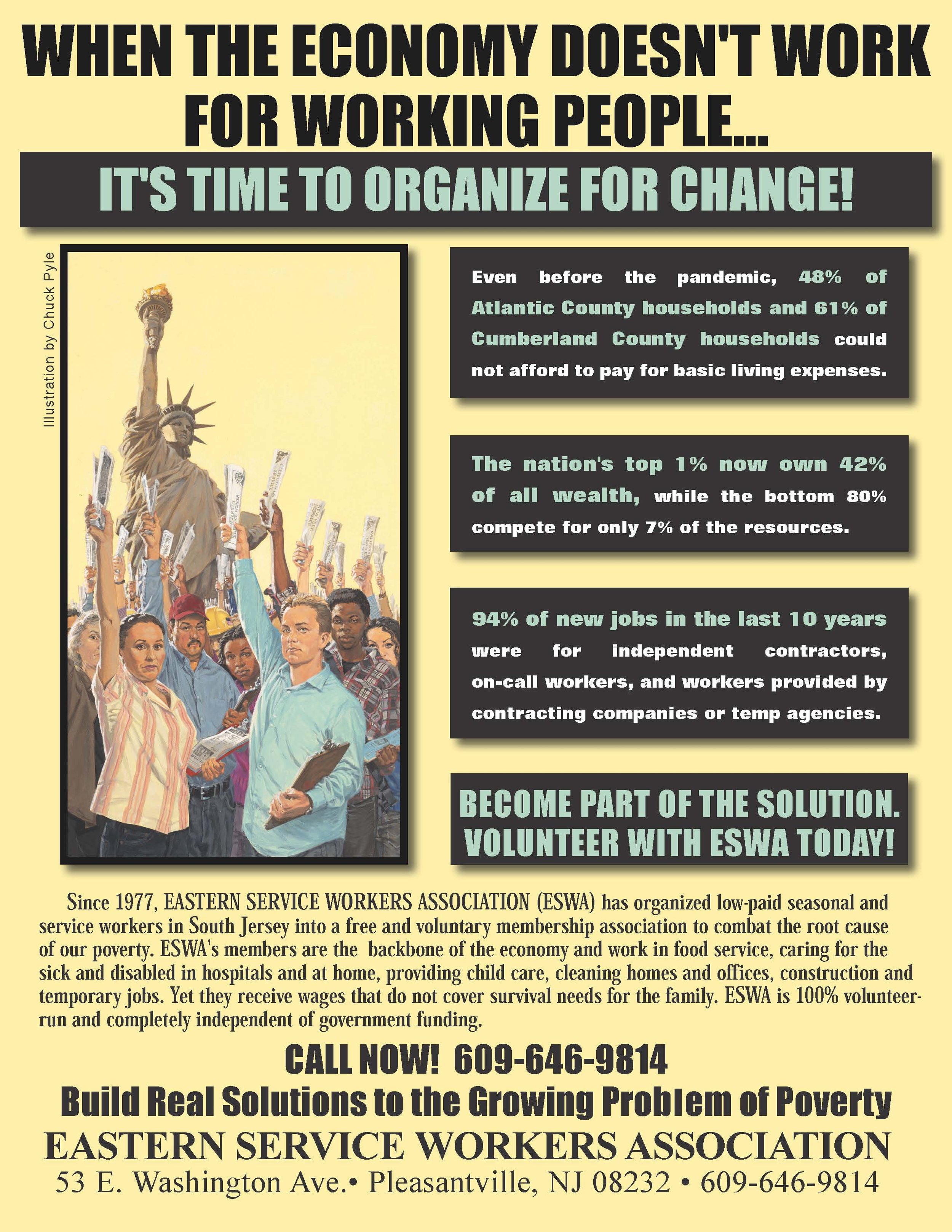 A flyer saying "It's time to organize for change" with men and women standing up