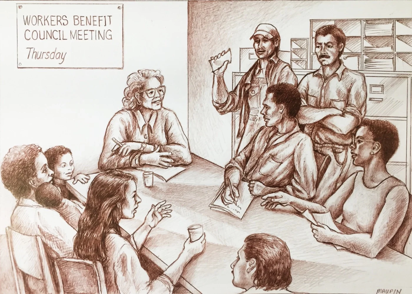 An illustration of a meeting by Janice Maupin