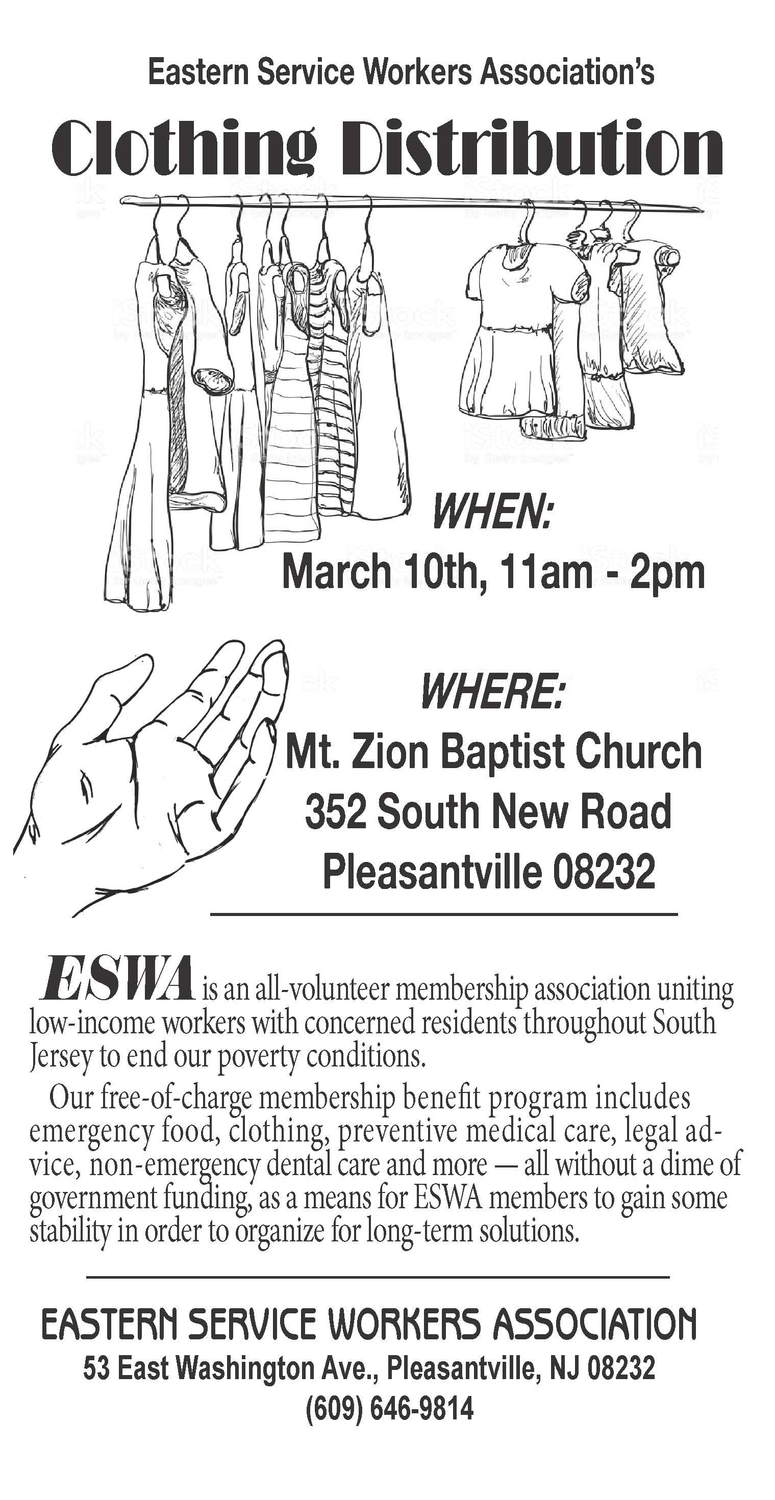 A flyer publicizing a clothing distribution with clothes hanging