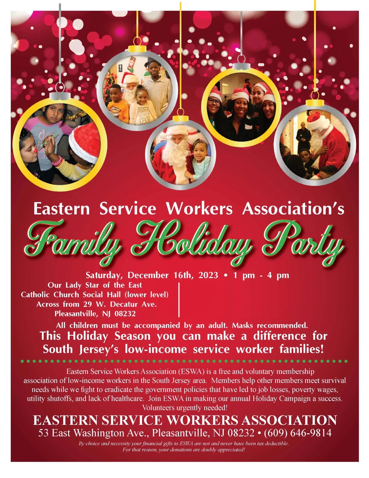 A flyer publicizing a Family Holiday Party with photos of Santa and children