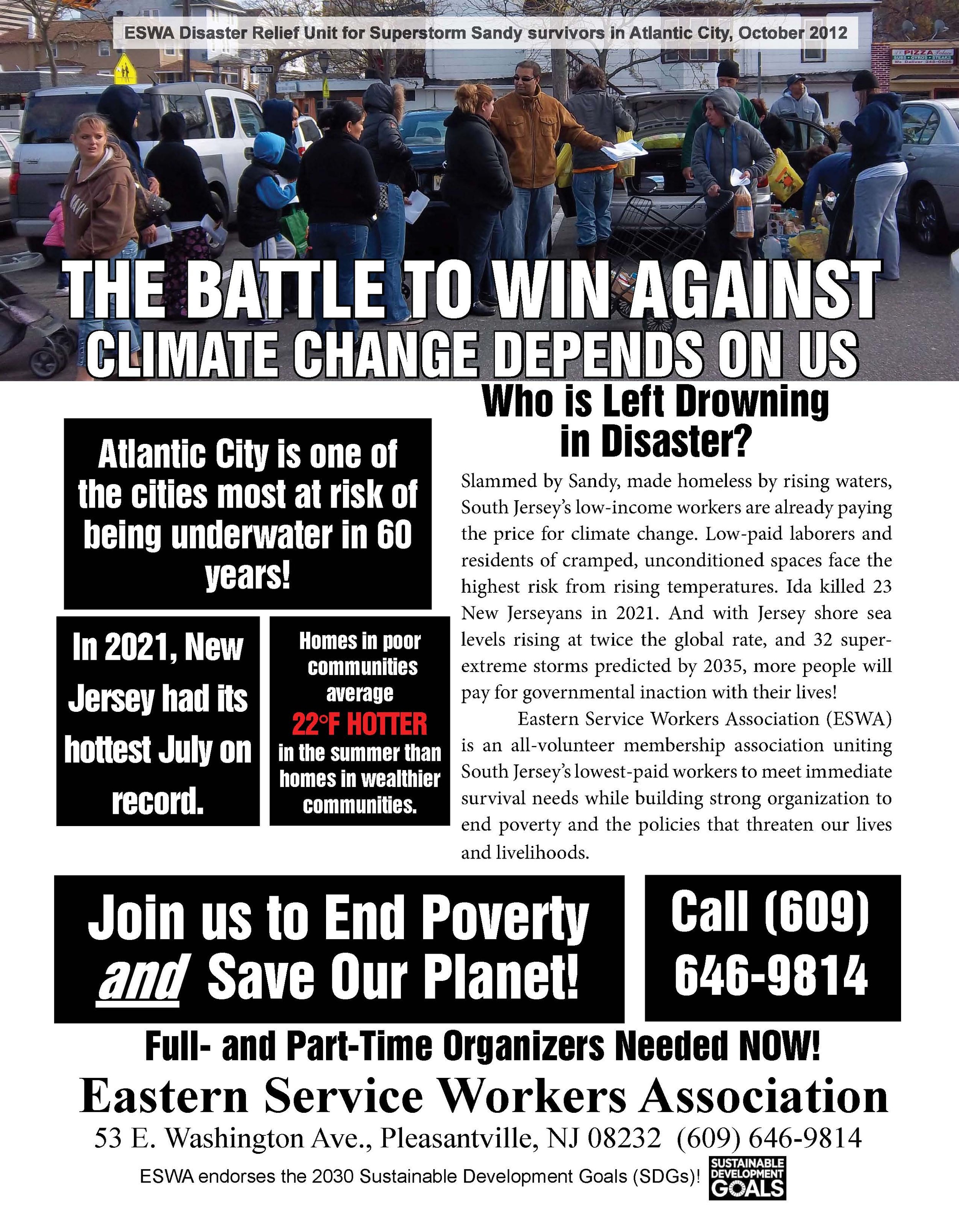 a flyer saying "The Battle to win against climate change depends on us" with a photo of ESWA's relief effort after Superstorm Sandy