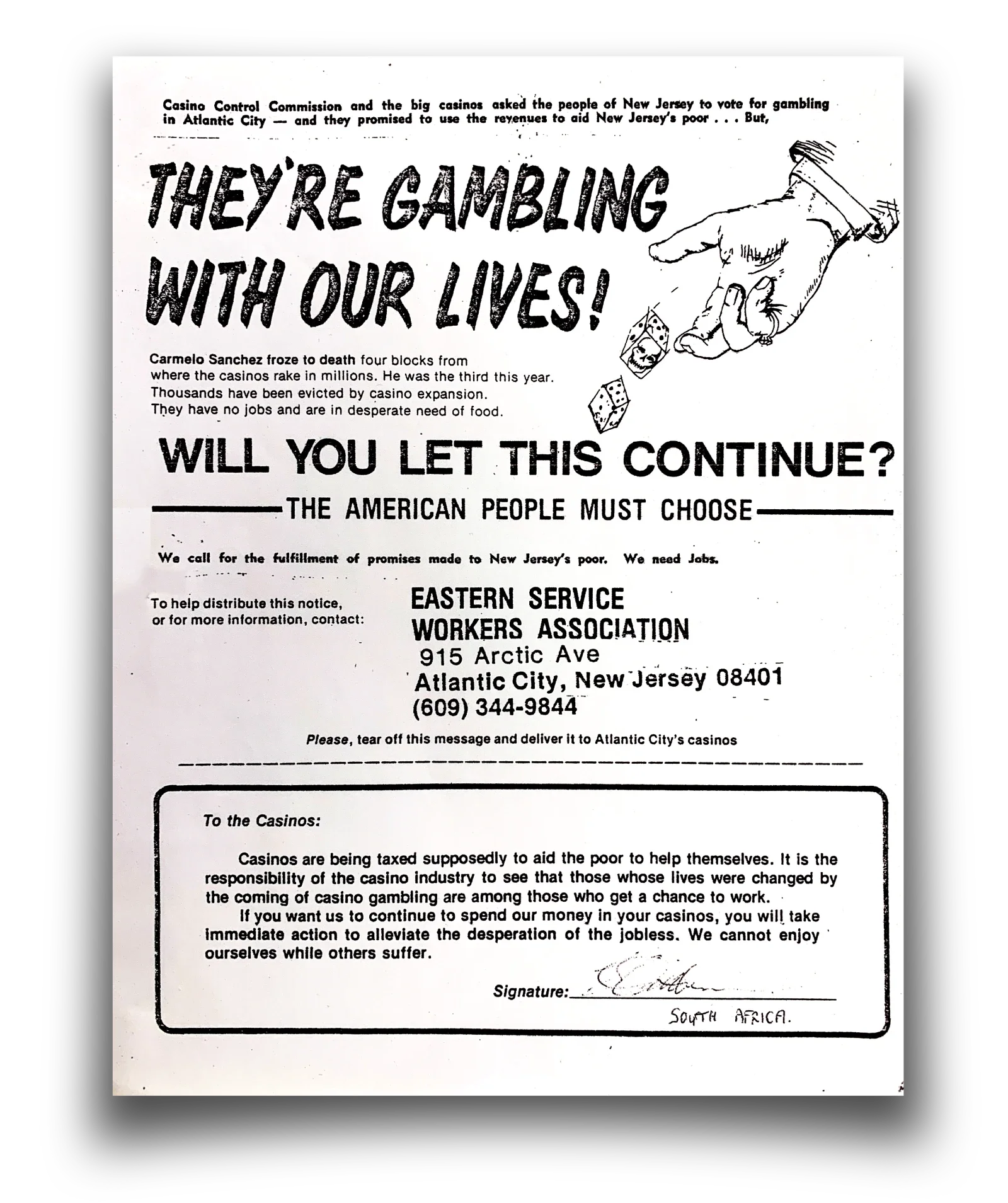 A flyer which reads "They're Gambling with our lives!" with a section at the bottom to tear off to sign