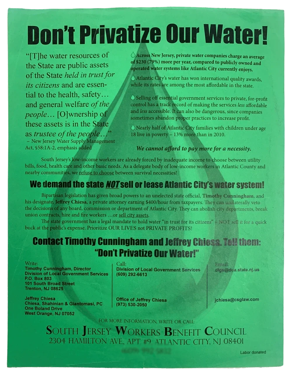 A flyer whose headline reads "Don't Privatize Our Water!"