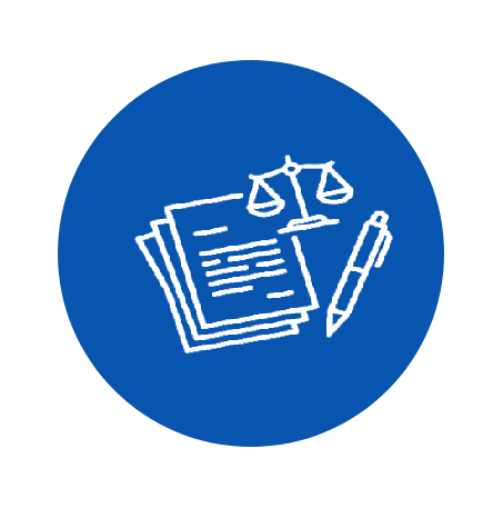 Icon of legal documents, scales of justice, and a pen within a blue circle.