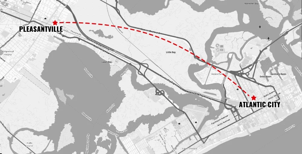 A map with a dashed line between Atlantic City and Pleasantville