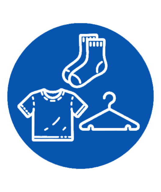 A blue circular sign with white icons of socks, a T-shirt, and a clothes hanger.