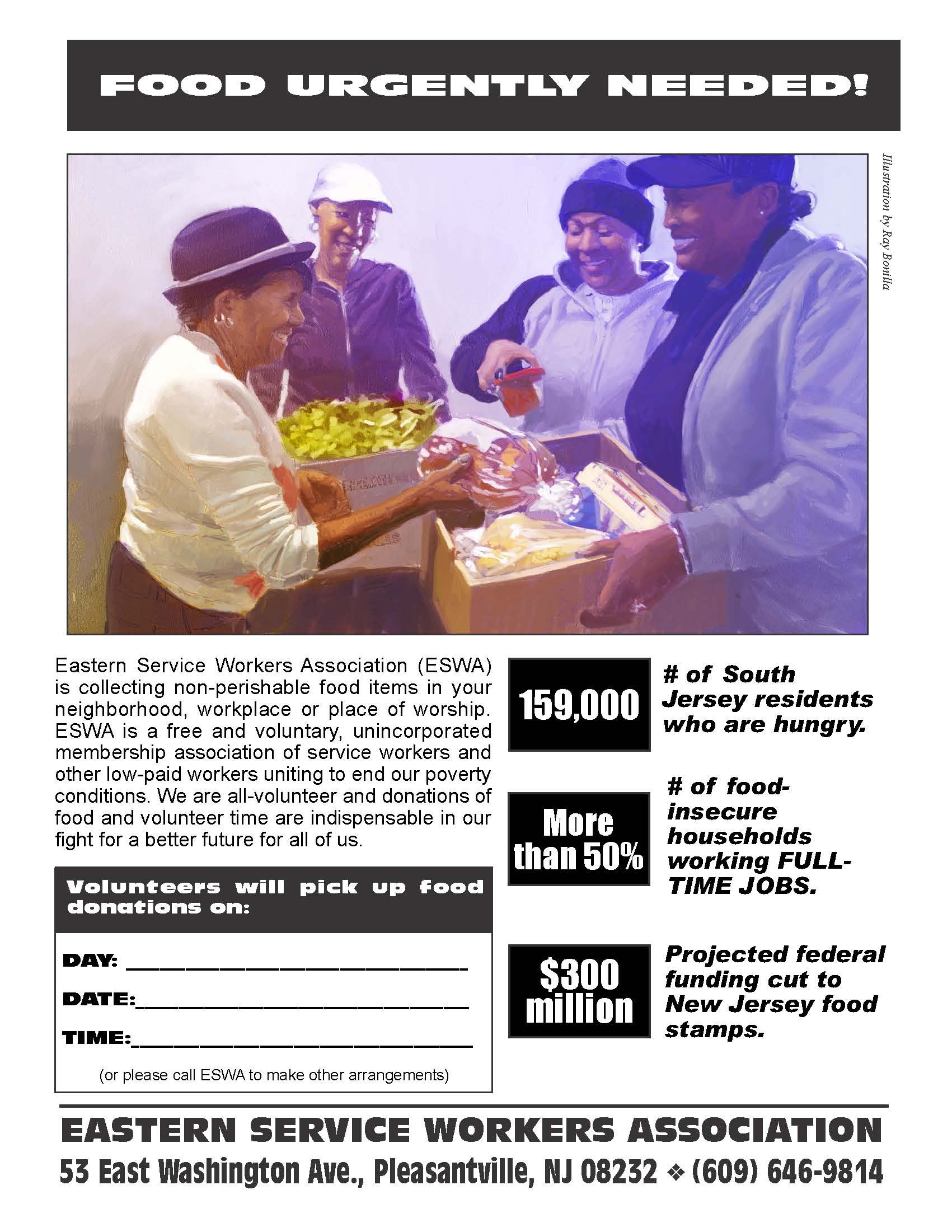 a flyer saying "Food Urgently Needed" with a woman holding bread