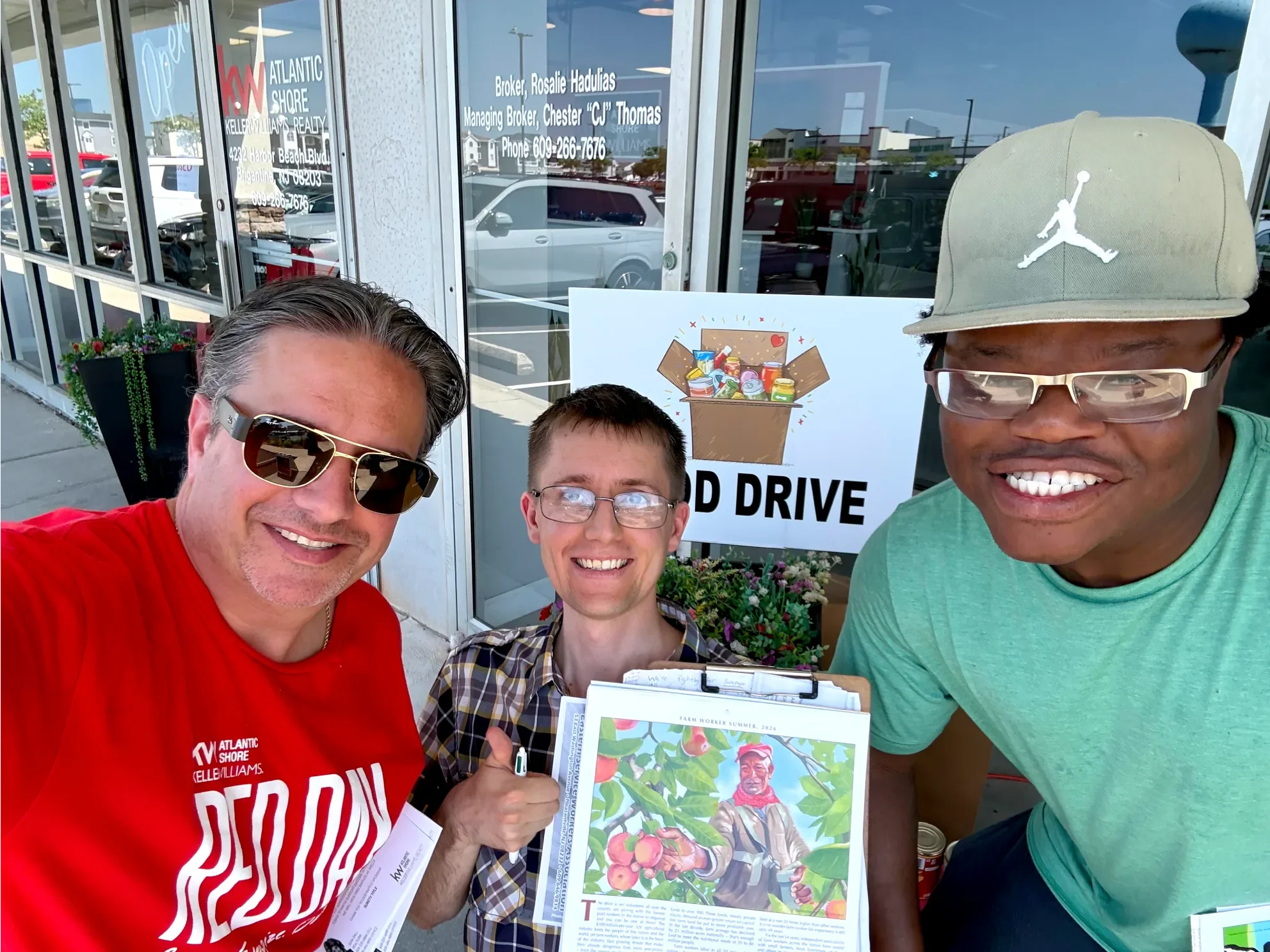 Three men in front of a sign that says "food drive"