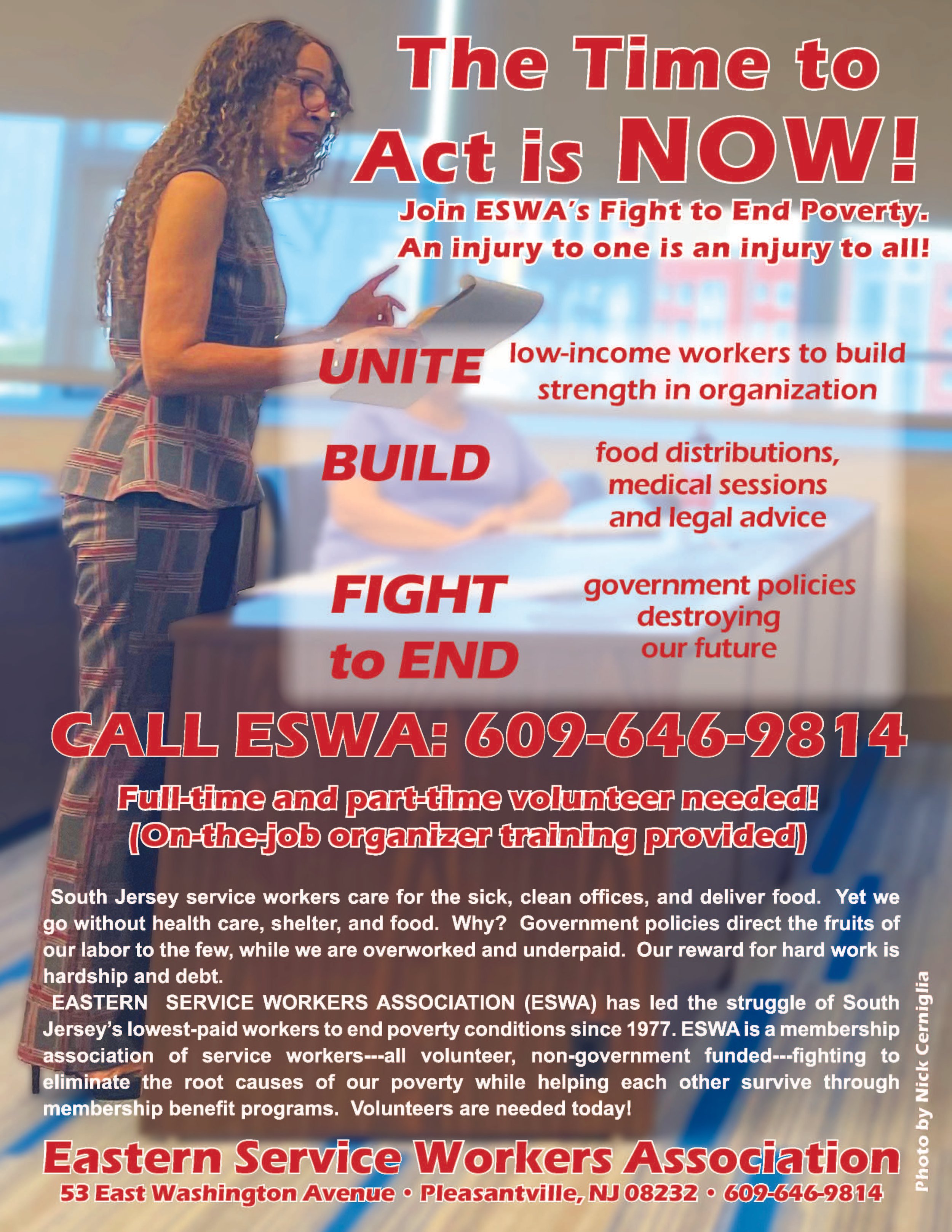 A flyer saying "The time to act is now!" with a woman speaking and holding a clipboard.