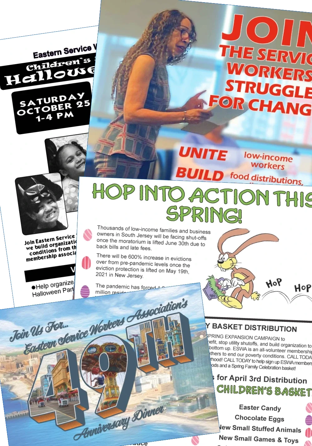 A collage of flyers. One says "hop into action this spring," another says to "Join us for ESWA's 49th Anniversary"