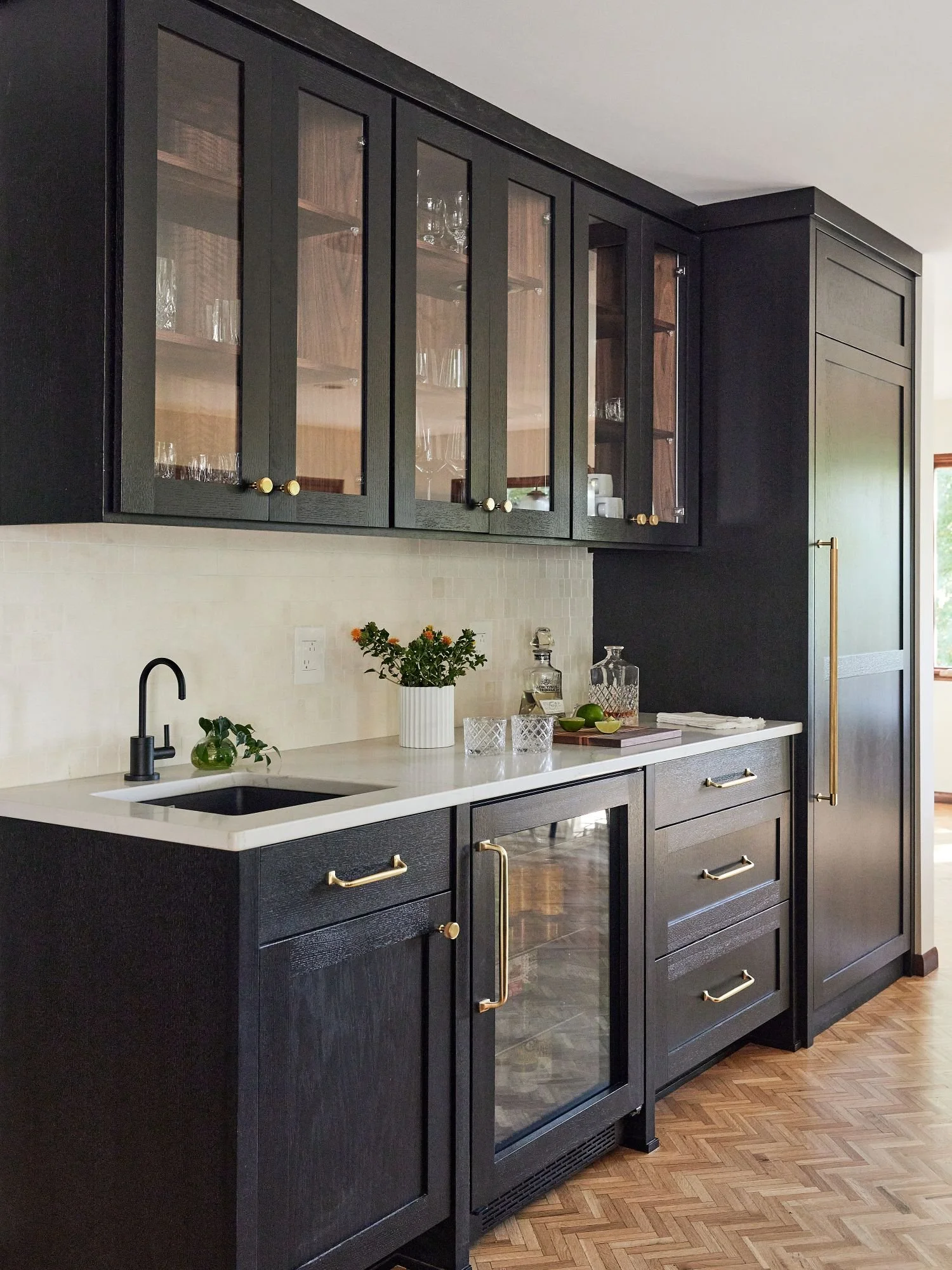 Golden Valley kitchen remodel, black stained oak cabinets, quartz  countertops, parquet flooring.