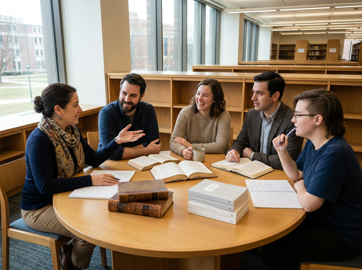 A group of five people sitting around a round wooden table in a library, engaged in a discussion, with open books and notebooks in front of them.
