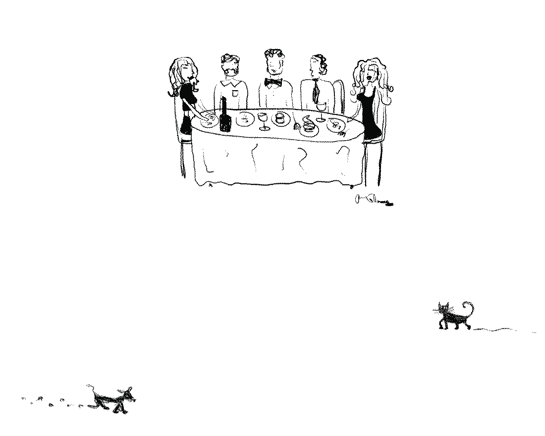 Five people gathered around a table having a meal with a dog sitting nearby.