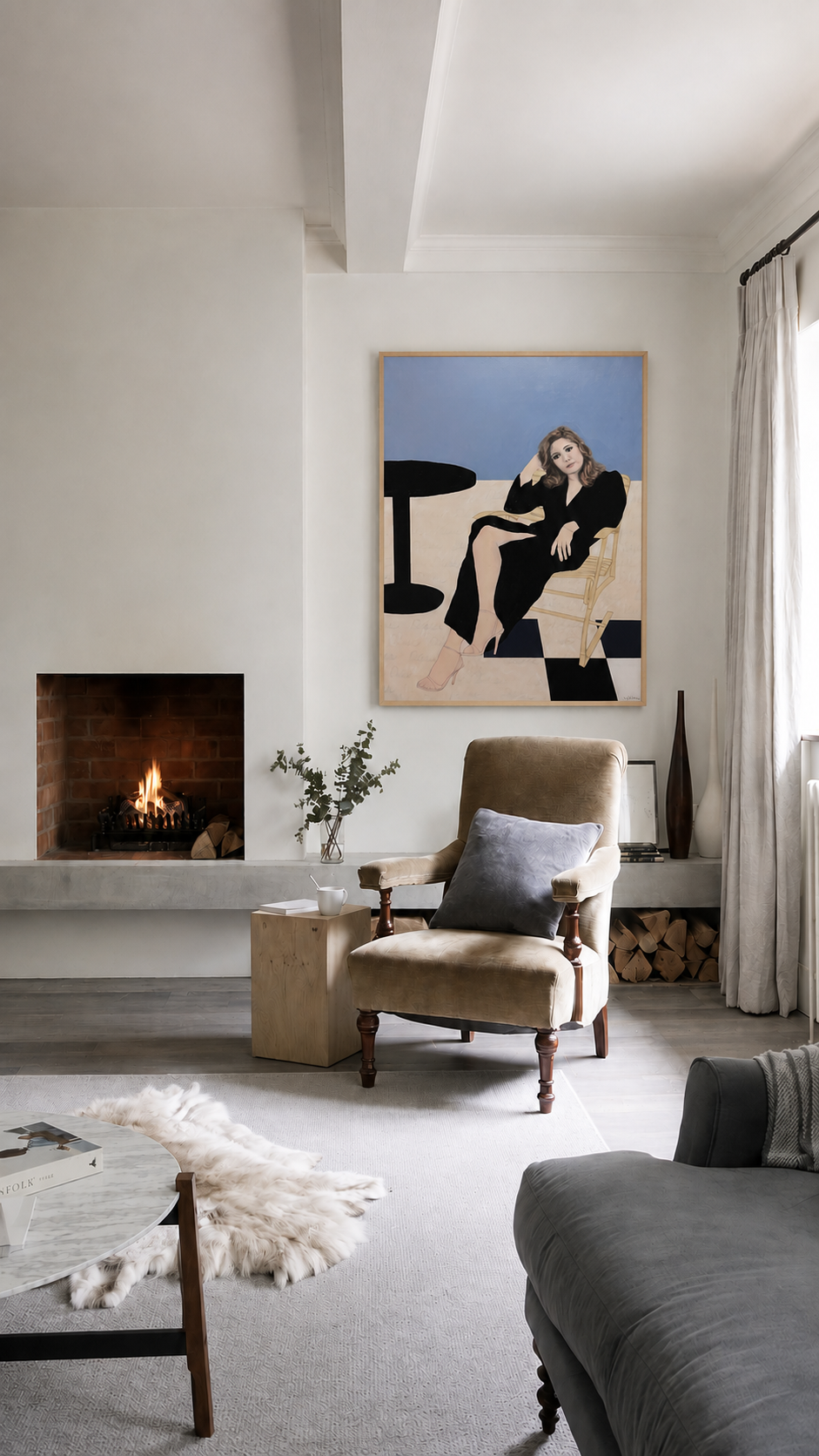 Large-scale figurative painting "Goddess IV" by Shannon Boutilier displayed above a chair in a contemporary interior.
