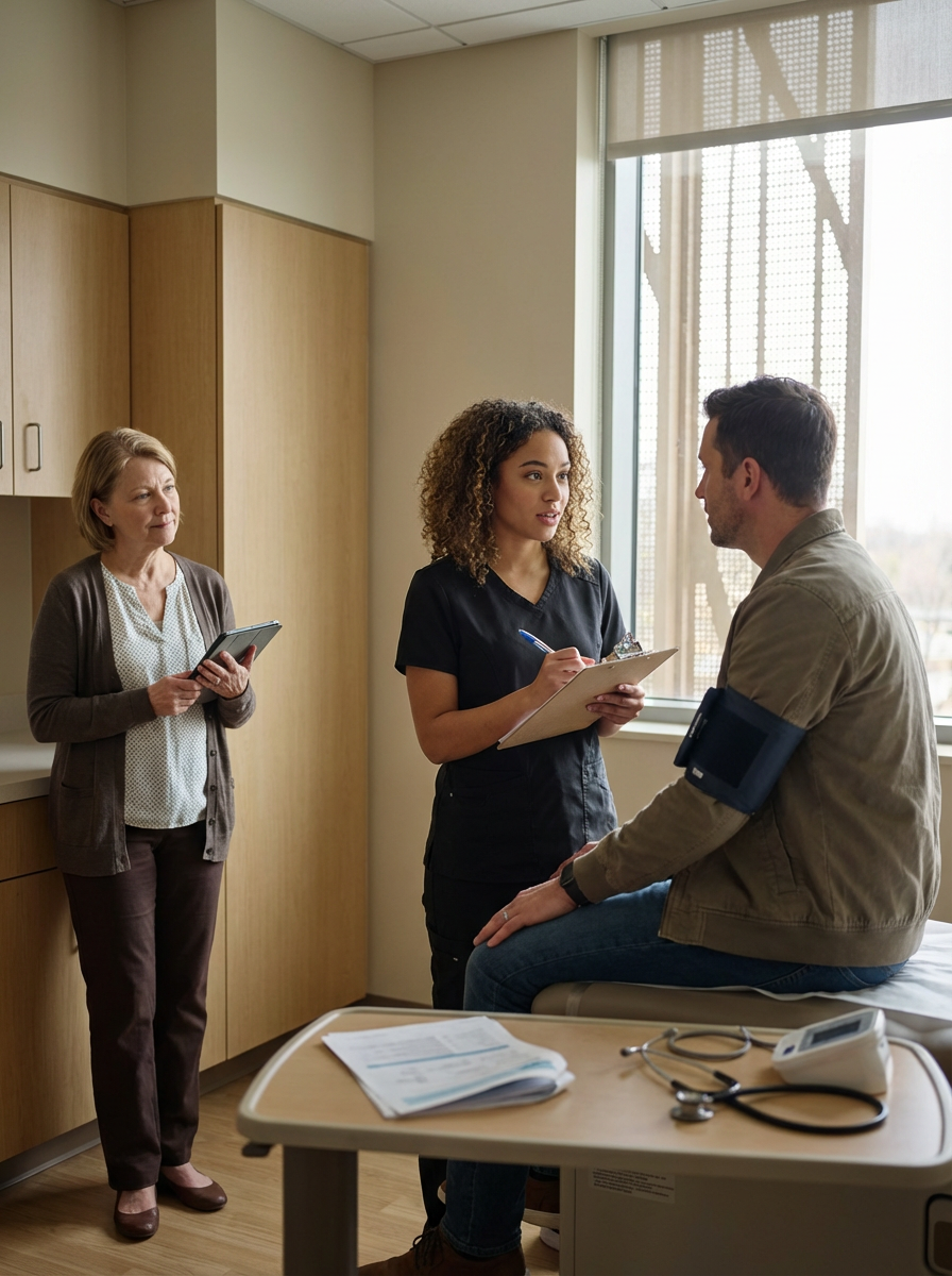A woman in medical scrubs taking notes while talking to a man seated on an examination table, with a nurse observing in a doctor's office.
