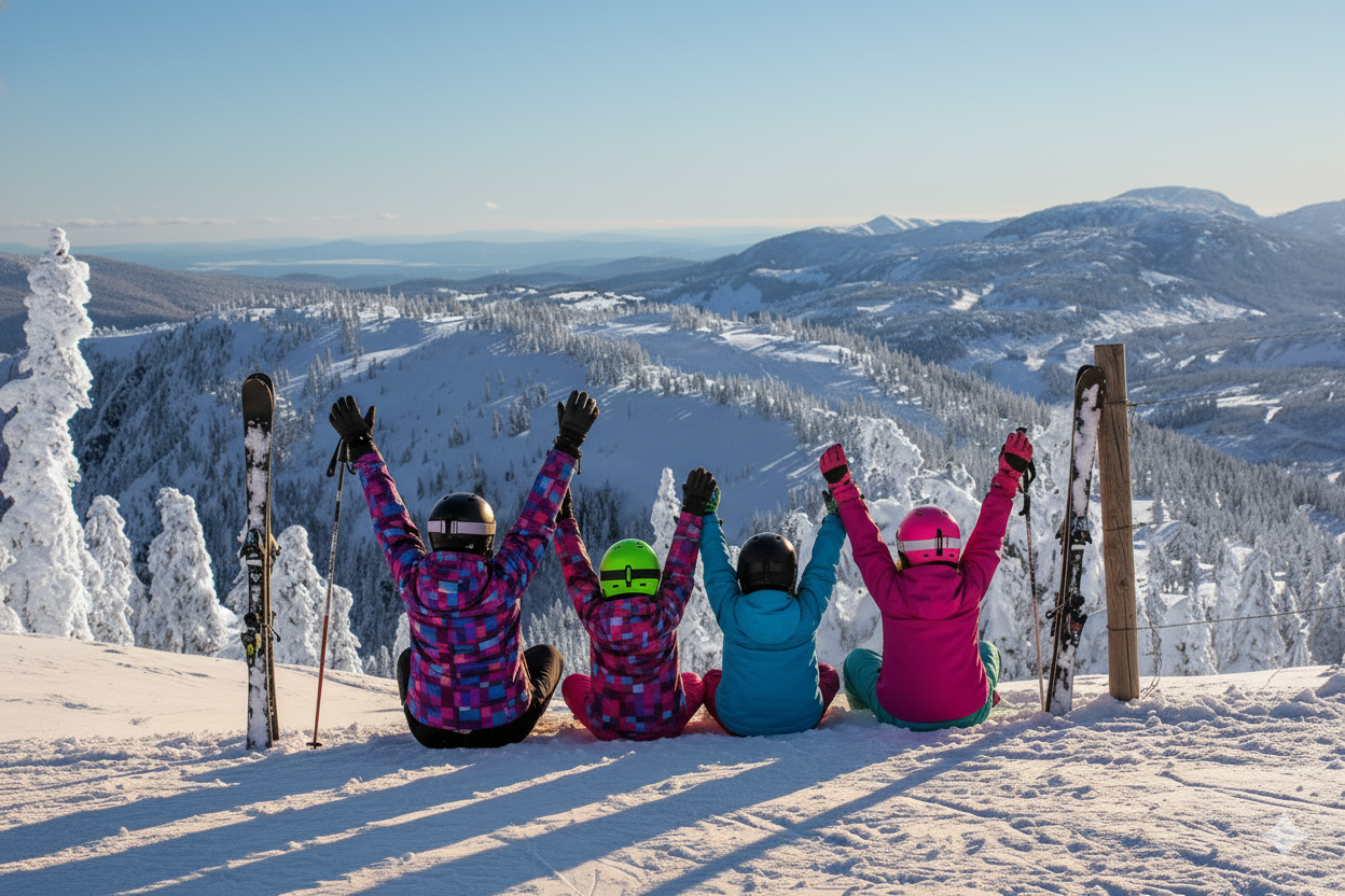 A skier enjoying fresh powder at Mount Washington Alpine Resort, located just 30 minutes from the Nine Peaks HomeBase townhomes in Courtenay, BC.