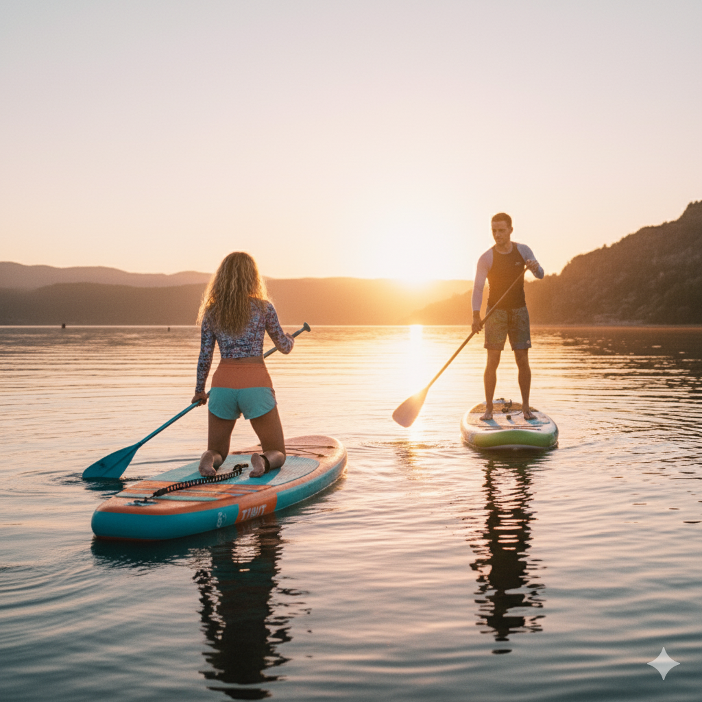 Paddleboarding on the calm ocean waters of the Comox Valley near Nine Peaks townhomes, a boutique residential launchpad for coastal and lake adventures.