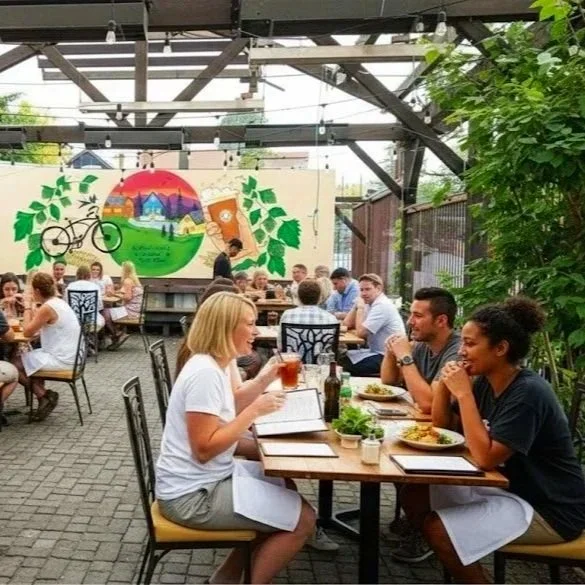 Friends socializing at a local resturaunt covered patio in Cumberland, highlighting the boutique community vibe and year-round outdoor living spaces.