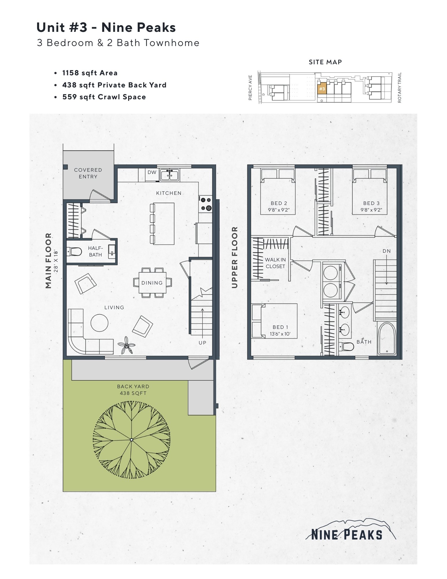 Floor plan layout for Unit #3 Nine Peaks, a three-bedroom, two-bath townhome, showing main and upper floors, with a backyard featuring a tree and green space.