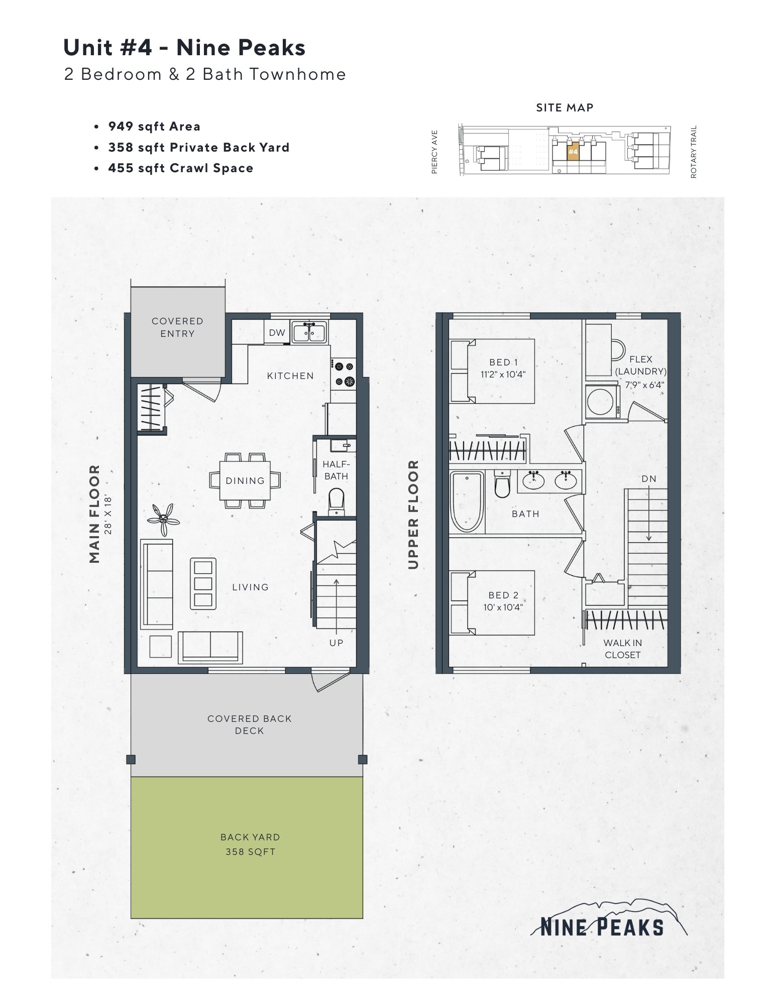 Floor plan of Unit 4 - Nine Peaks, a two-bedroom, two-bath townhome, including main floor and upper floor layouts with labeled rooms, backyard, deck, and site map.