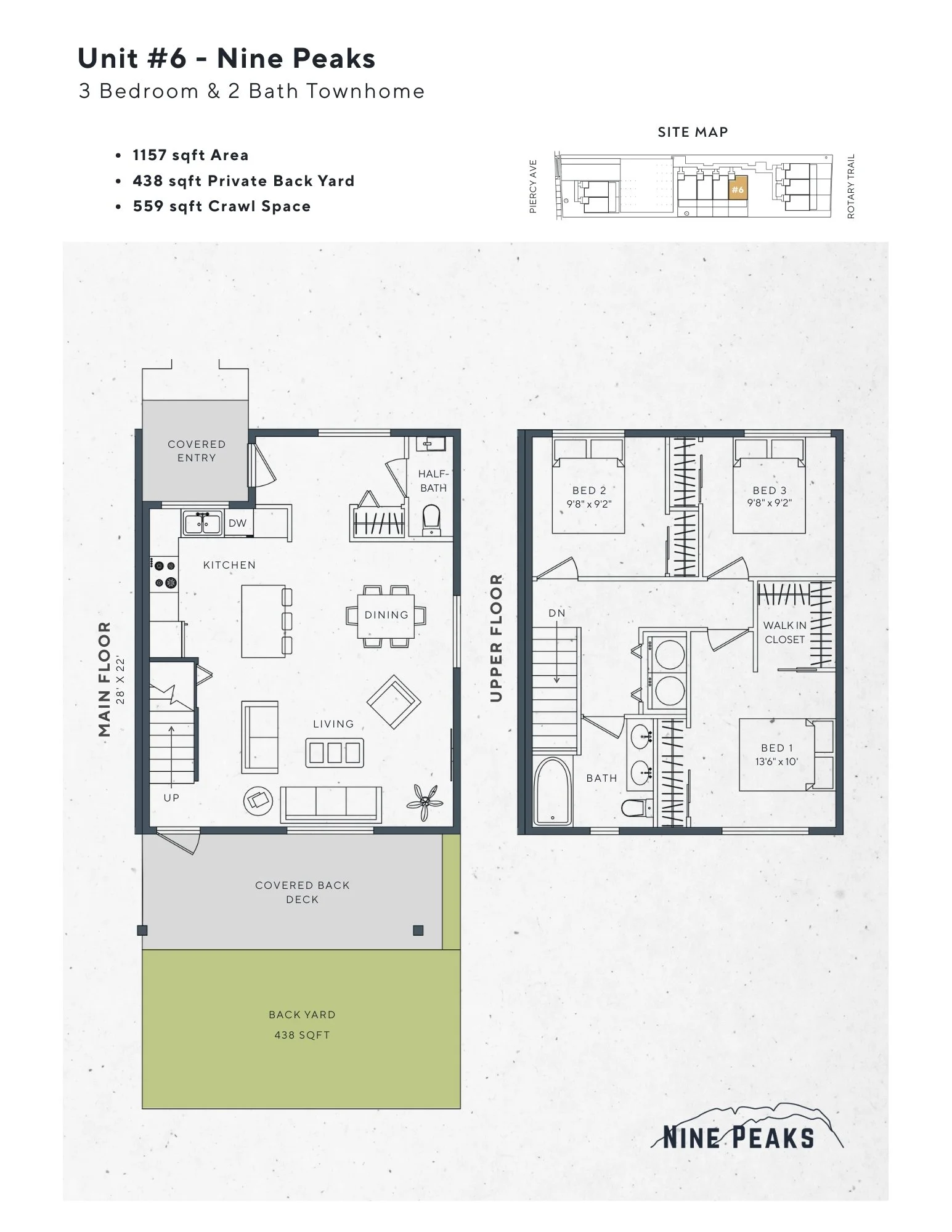 Floor plan of Unit #6 in Nine Peaks, a three-bedroom, two-bath townhome, showing the main floor, upper floor, backyard, and site map.