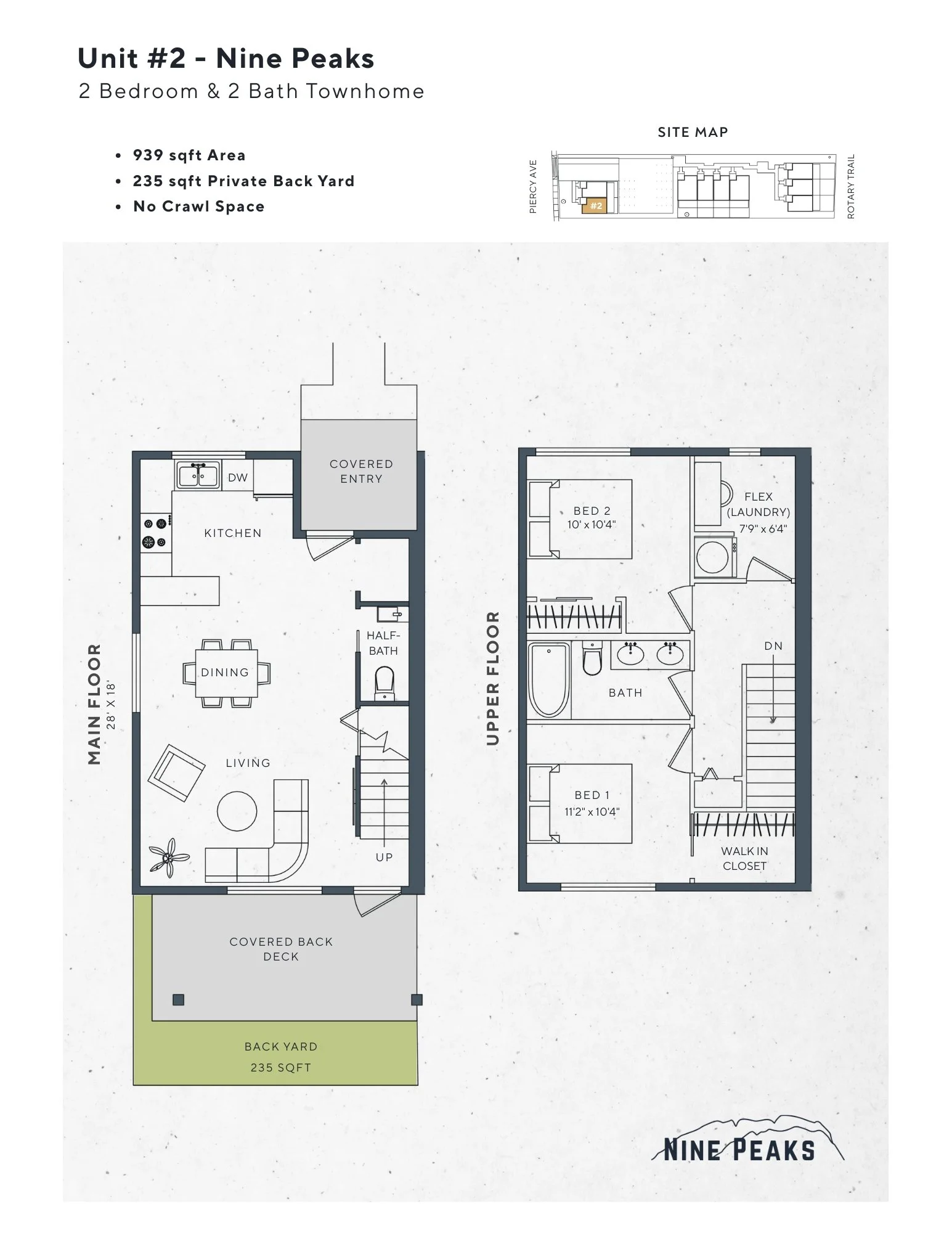 Floor plan for Unit #2 at Nine Peaks, a two-bedroom, two-bath townhome, showing layout with kitchen, living room, bedrooms, bathrooms, laundry, deck, backyard, and site map with surrounding streets.