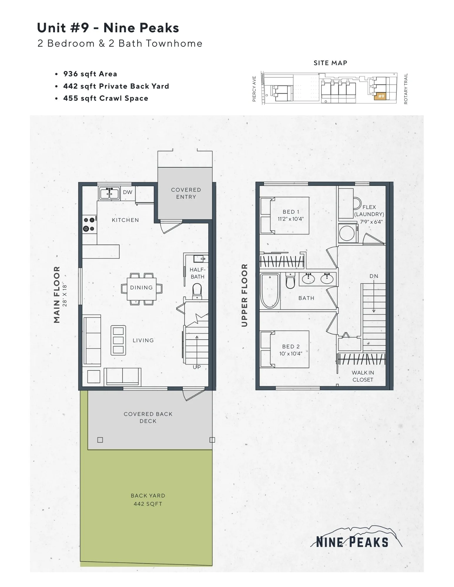 Floor plan of Unit #9 Nine Peaks, a two-bedroom, two-bath townhome, showing the main and upper floors, with a covered back deck and backyard. The main floor includes a kitchen, dining area, living room, and half-bath, while the upper floor has two be