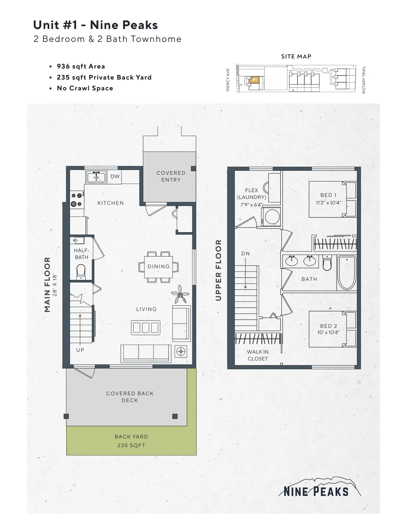 Floor plan of a residential unit named Nine Peaks, including details about rooms, sizes, and outdoor spaces.