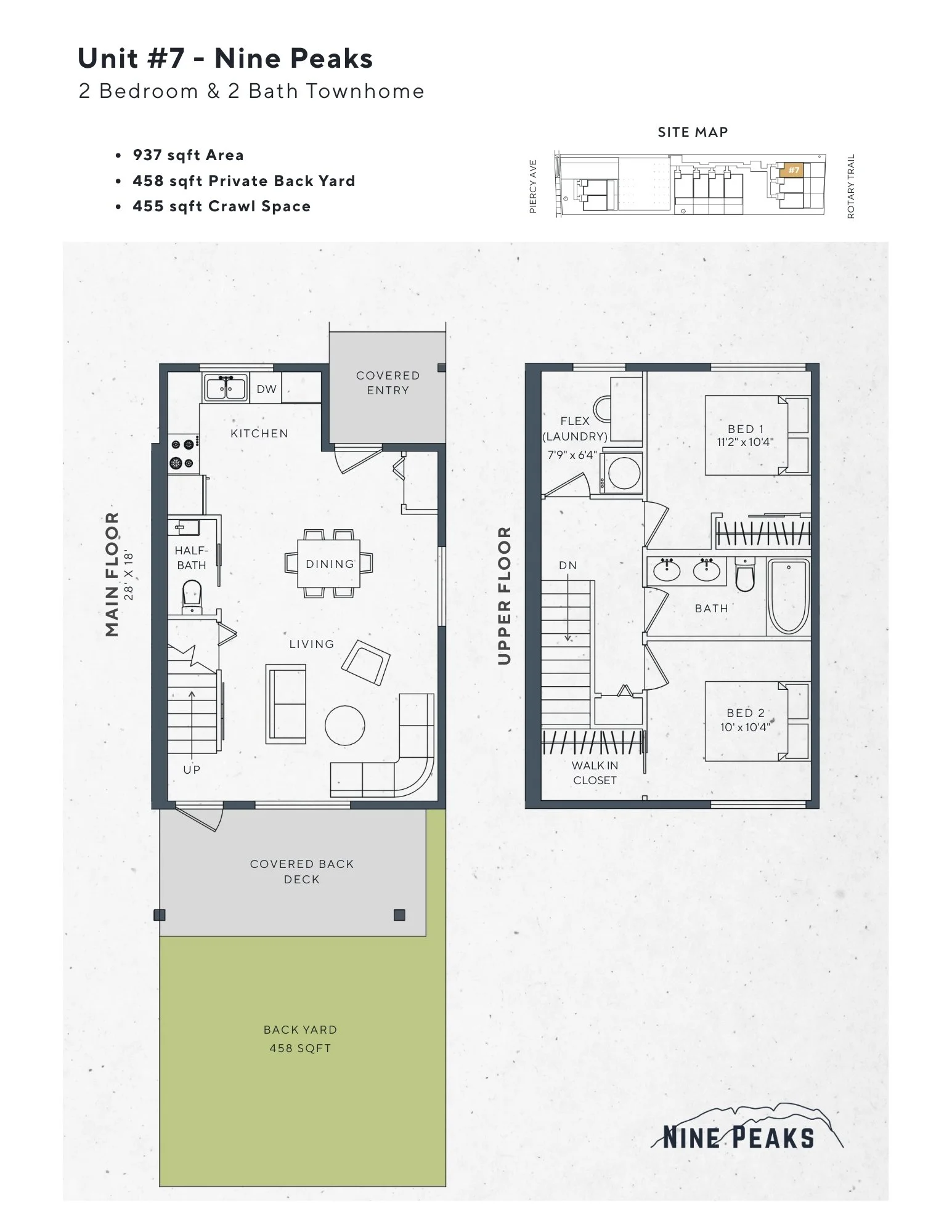 Floor plans for Unit #7 - Nine Peaks, a two-bedroom, two-bath townhome, showing the main floor and upper floor layouts, with details of the kitchen, living room, bedrooms, bathrooms, laundry, walk-in closet, deck, and backyard.