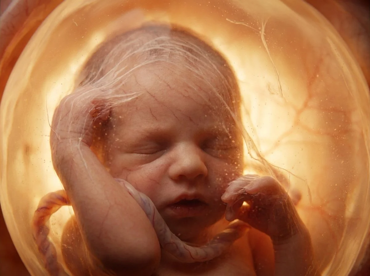 A close-up view of a newborn baby sleeping inside the amniotic sac, surrounded by a golden glow.