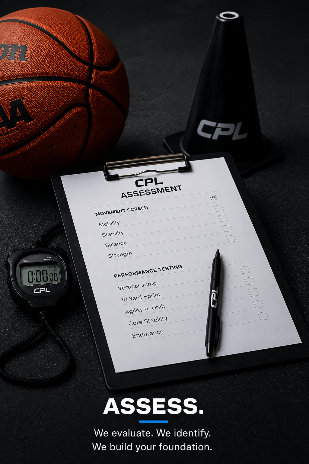 Basketball performance assessment equipment with clipboard, stopwatch, ball, and cone.