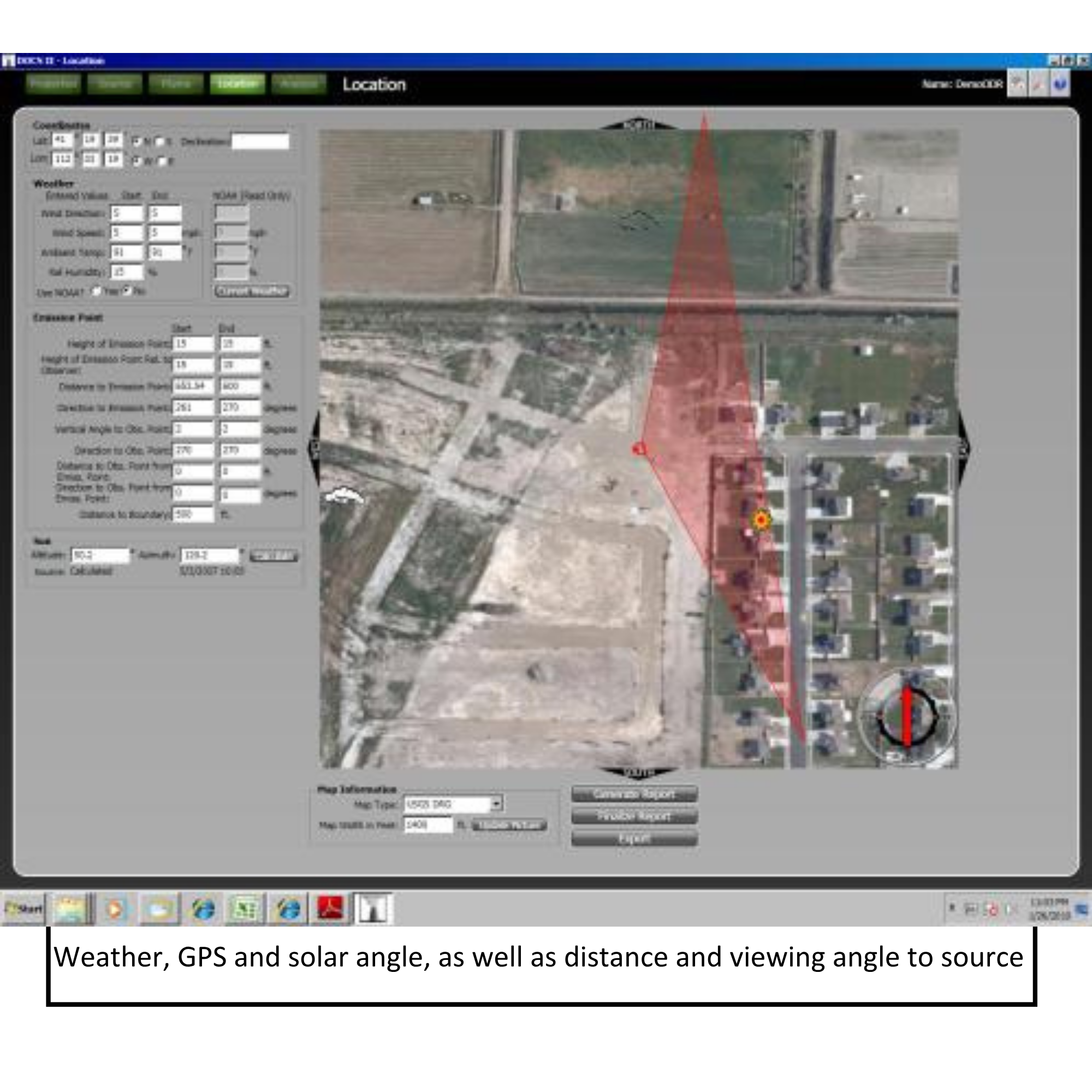 Screenshot of mapping software showing a satellite view with weather, GPS, and solar angle data, including a red cone indicating the viewing angle to a source.