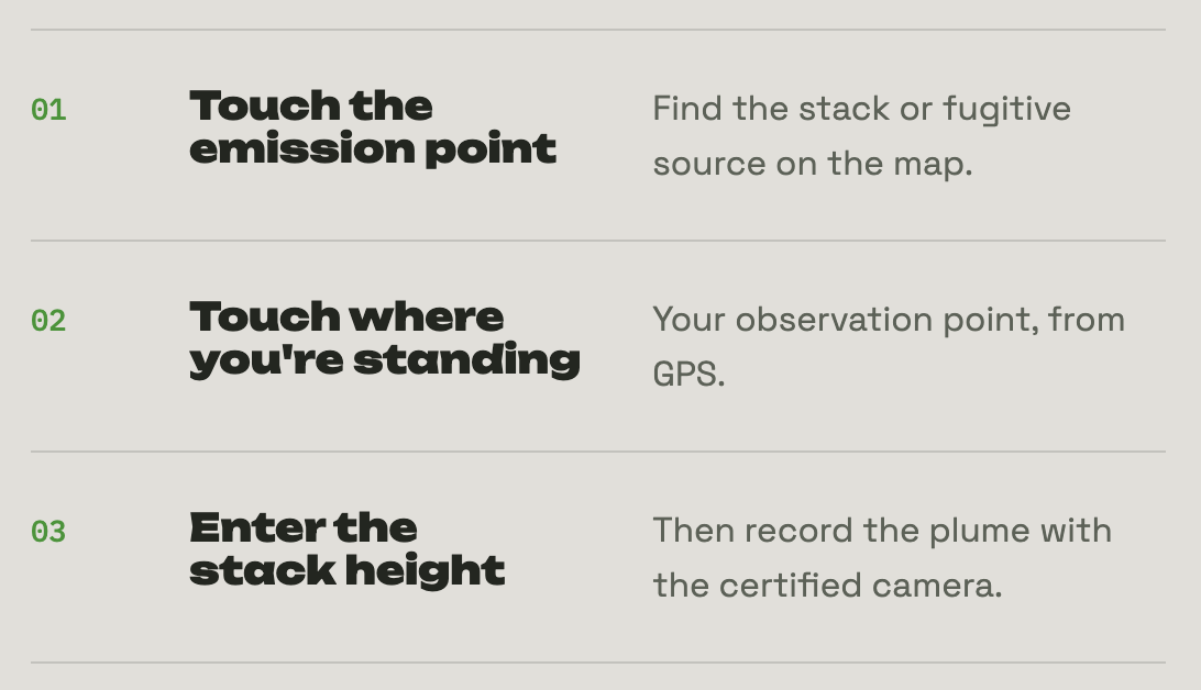 Instructions for using a GPS to find a stack or fugitive source, including touching the emission point, the observation point, and entering the stack height.