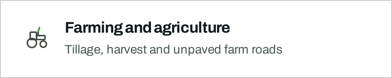 Icon of a tractor on a black background with green and white text about farming and agriculture, including tillage, harvest, and unpaved farm roads.