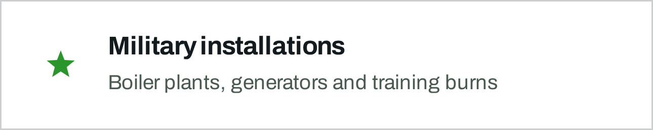 Text slide titled 'Military installations' with bullet point 'Boiler plants, generators and training burns' and a green star icon.