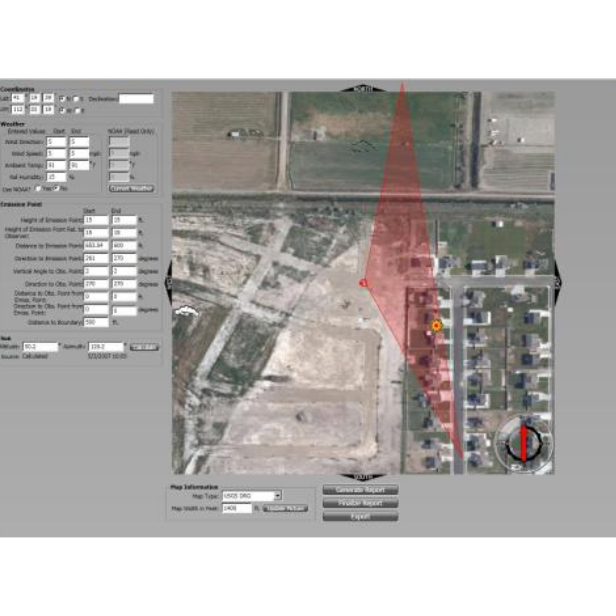 Aerial view of a construction site with machinery, dirt, and roads with overlayed technical data and controls for mapping or surveying.