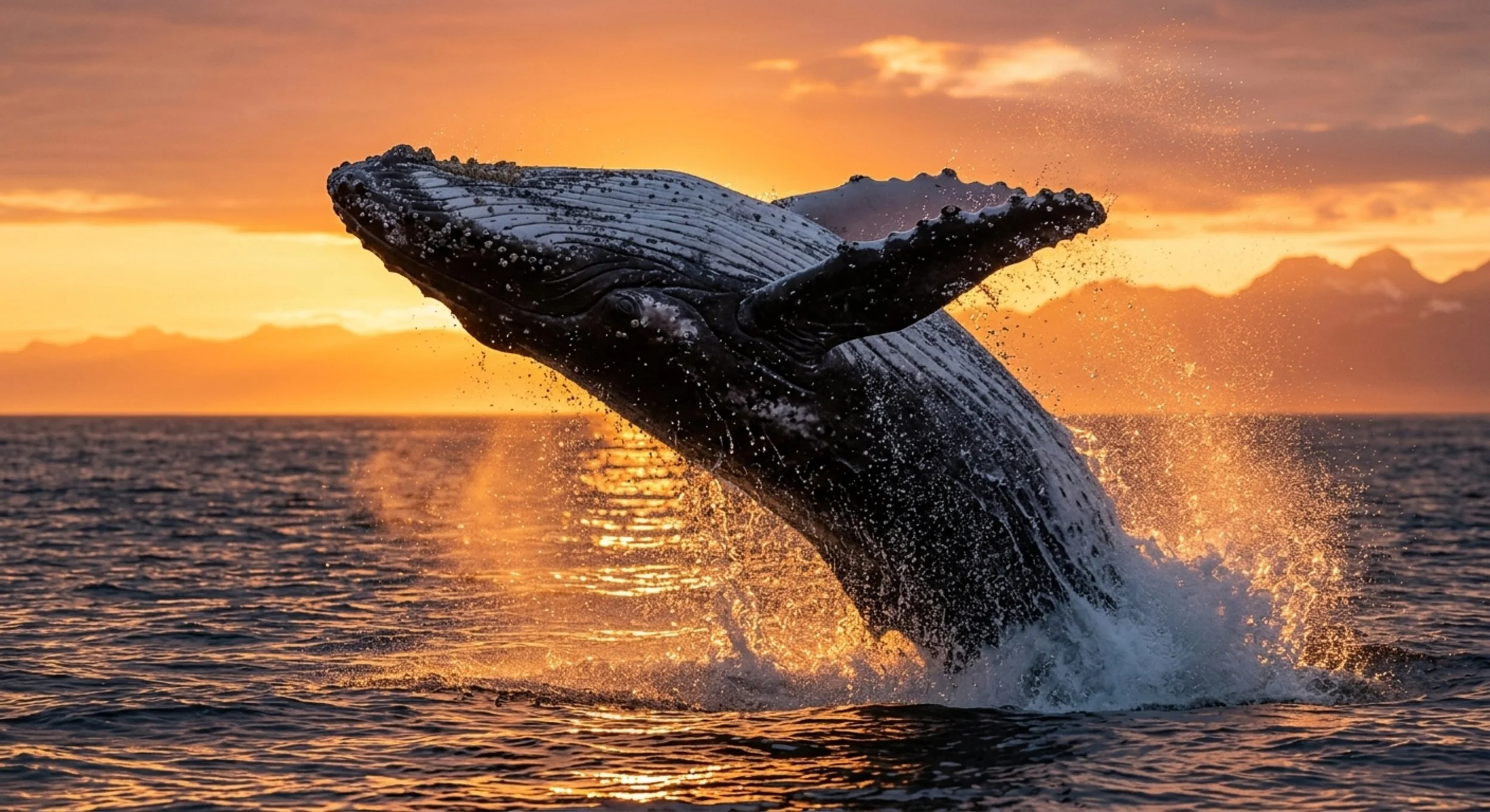 A humpback whale breaching the water at sunset, with the orange sky and ocean in the background.