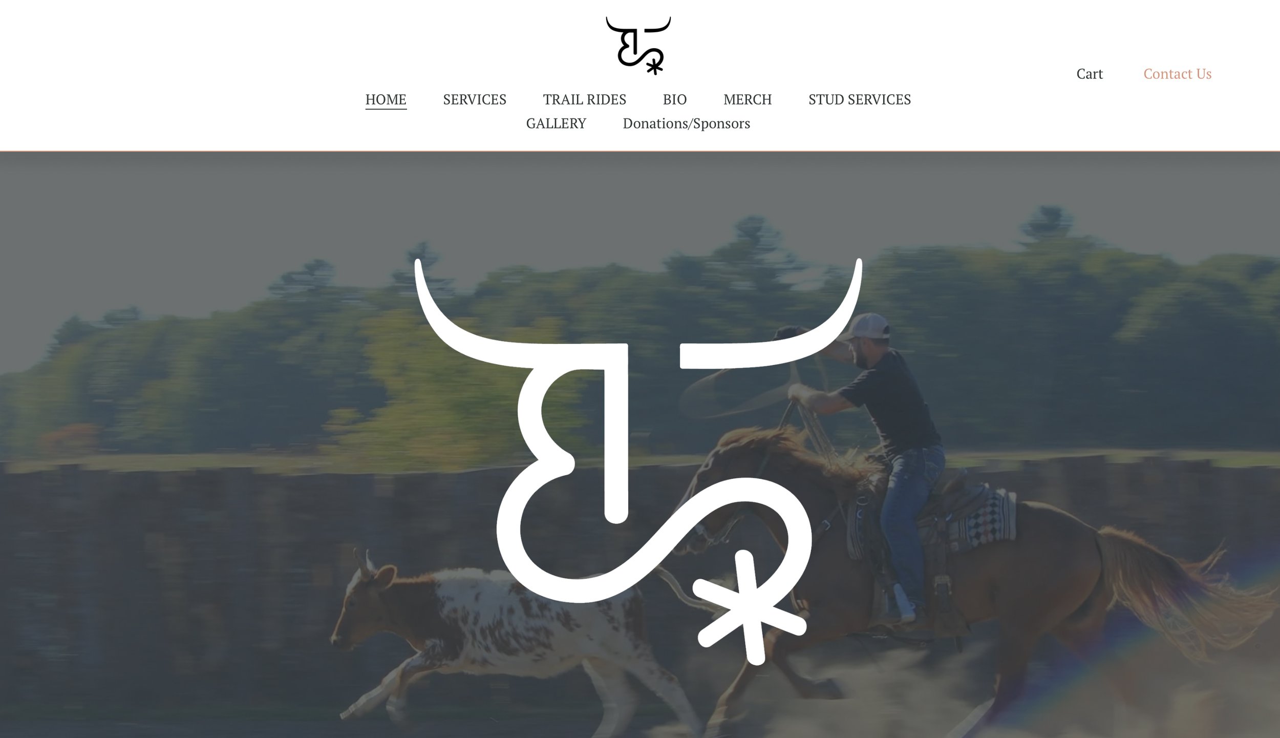 Webpage with a navigation menu including Home, Services, Trail Rides, Bio, Merchandise, Studio Services, Gallery, Donations/Sponsors, Cart, and Contact Us, overlaid on a background image of a person riding a horse on a trail among trees.