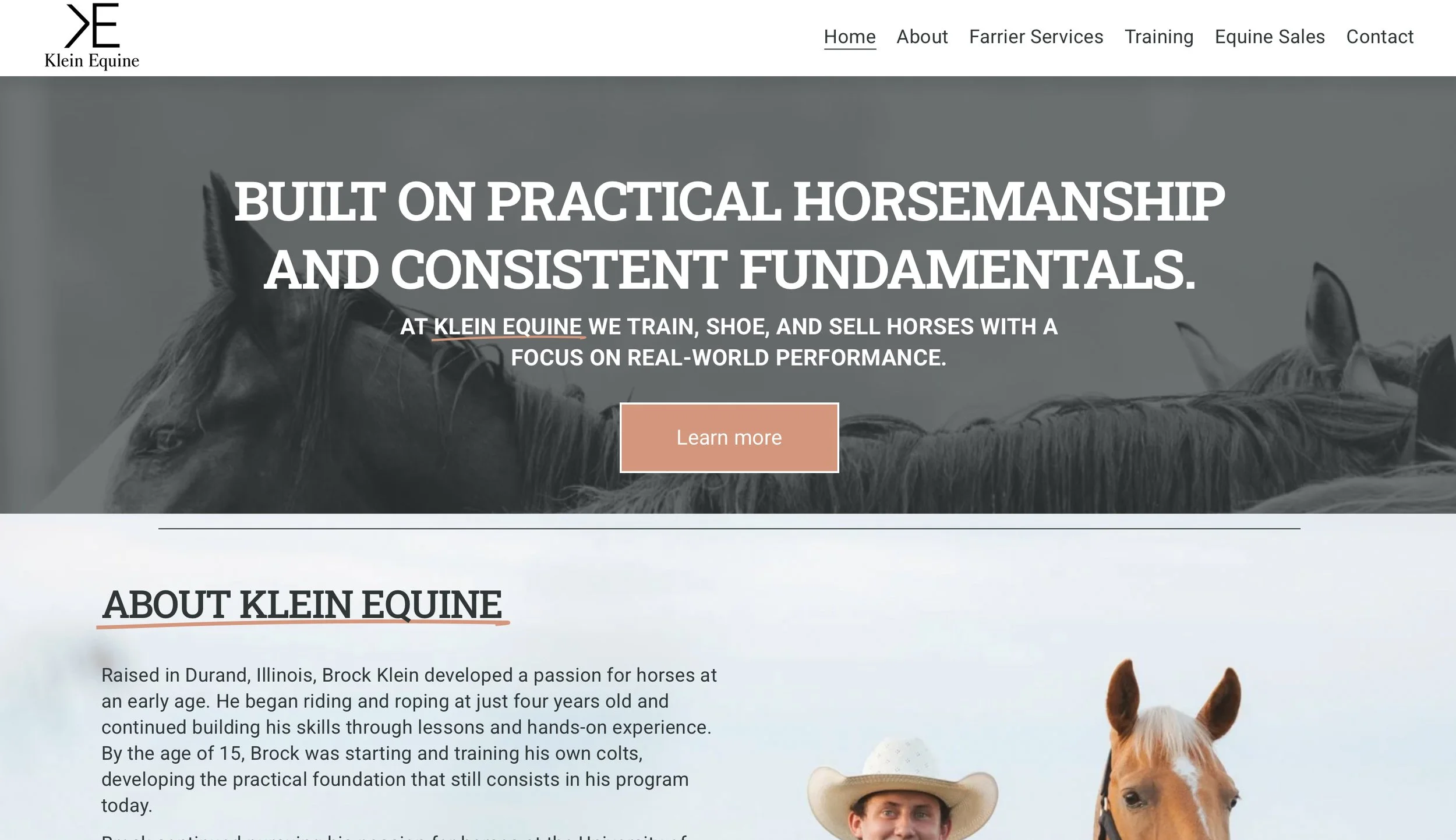 Screenshot of a website for Klein Equine with a background image of a horse's head and a person in a hat, featuring a header menu with links and a call-to-action button.