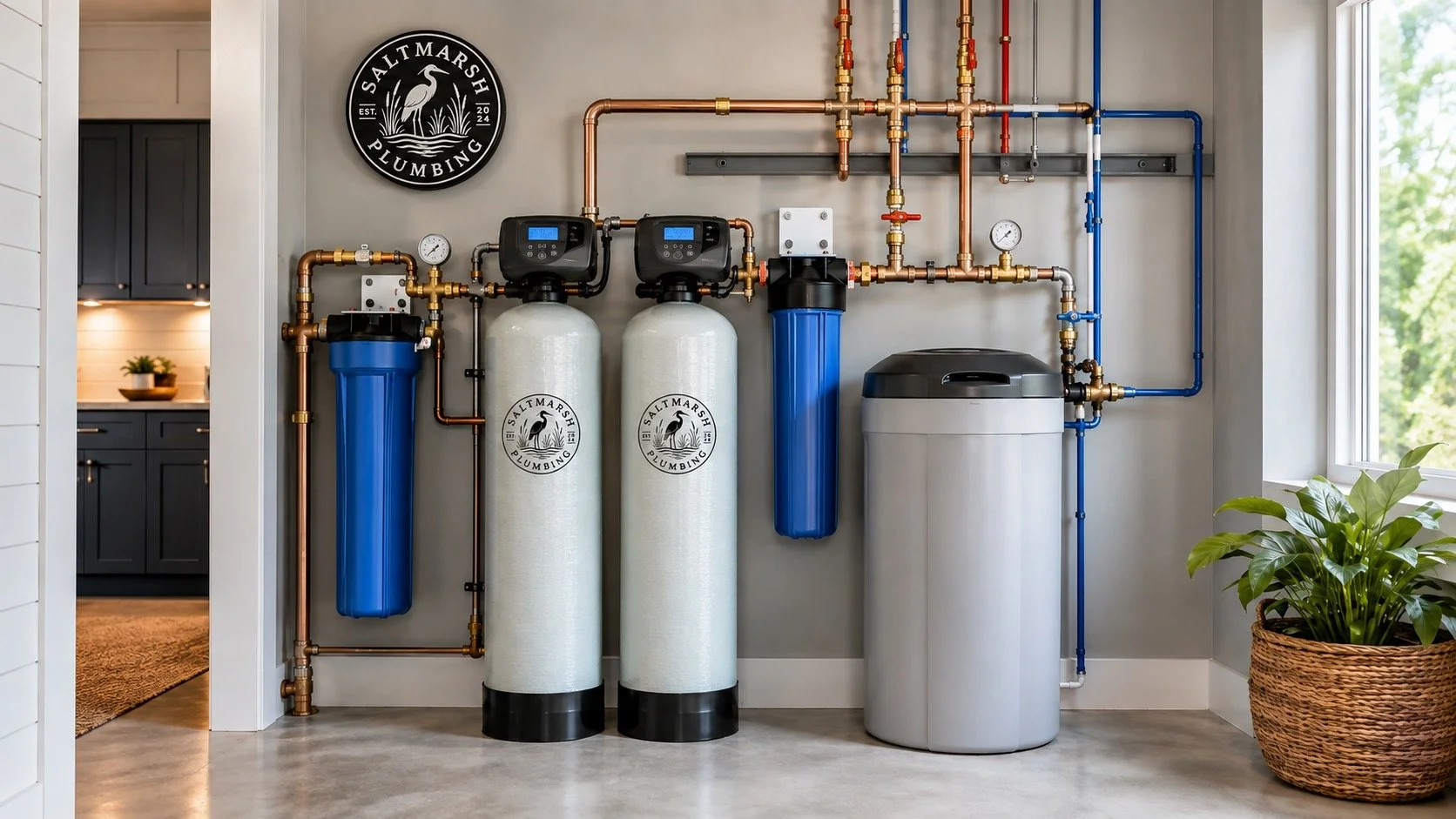 A home water treatment system with pipes, filters, and a control panel, located in a laundry room with a window and a potted plant.