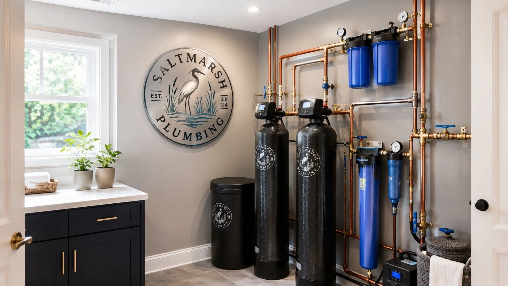 An indoor water treatment system with two large black salt tanks, blue filtration units, and copper plumbing on a beige wall. A round logo with a marsh bird and the words 'Saltmarsh Plumbing' is on the wall. There is a window with plants on a white countertop with a black cabinet, and tools or towels on a basket and a small shelf.