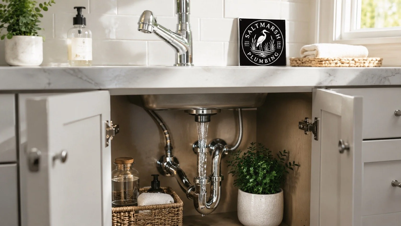 Underneath kitchen sink with open cabinet doors, showing water pipes, a potted plant, and cleaning supplies.