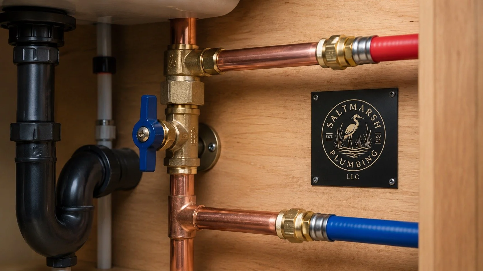 Close-up of plumbing pipes and fittings inside a wooden cabinet, including copper, black plastic, and brass components, with a black plaque reading 'Saltmarsh Plumbing LLC'.