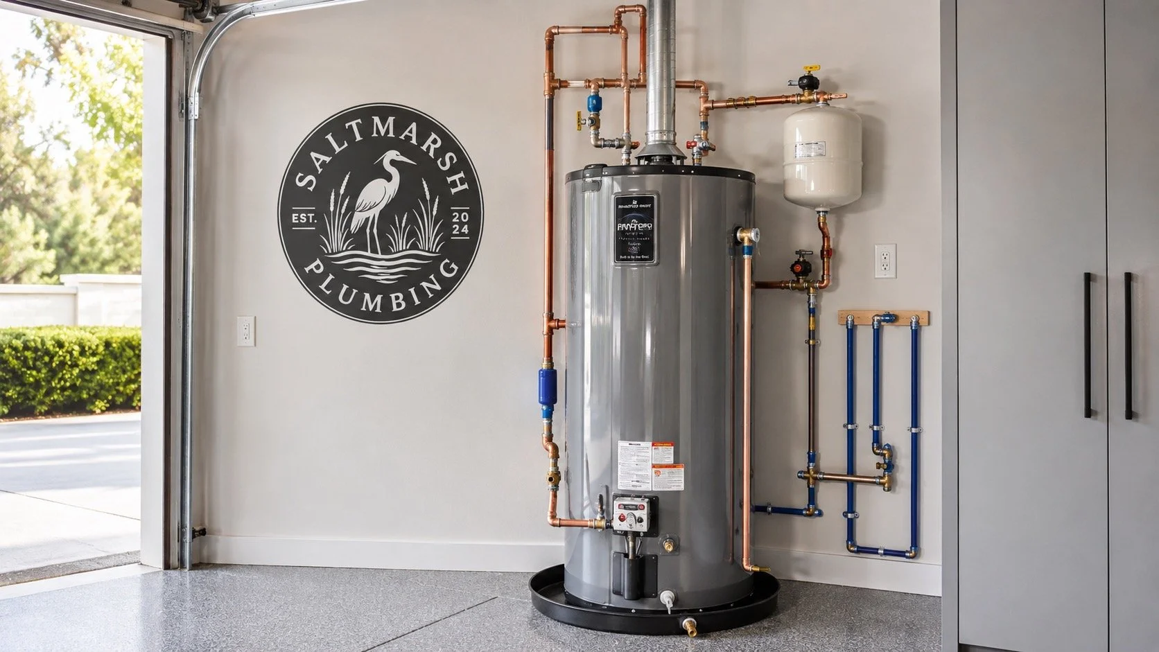 A water heater in a garage with plumbing pipes and a Saltmarsh Plumbing wall logo.