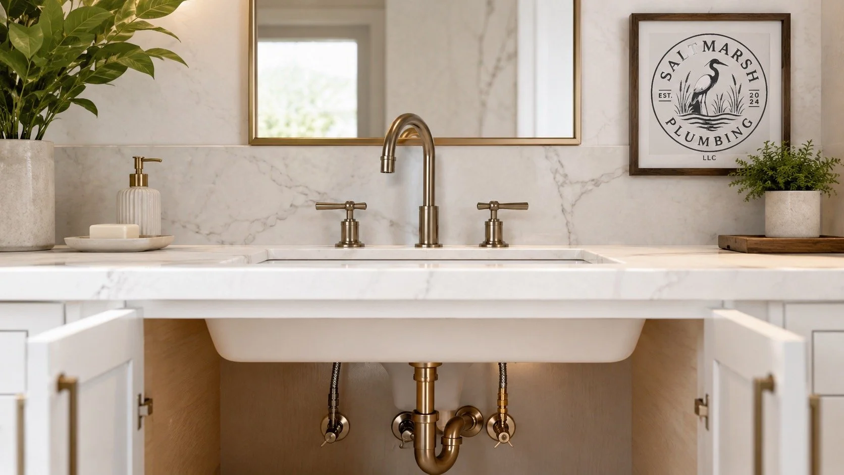 Bathroom vanity with a marble countertop, a brass faucet, and two brass handles, with a mirror above, plants and soap dispensers on either side, and a framed sign that says "Salt Marsh Plumbing LLC" on the wall.
