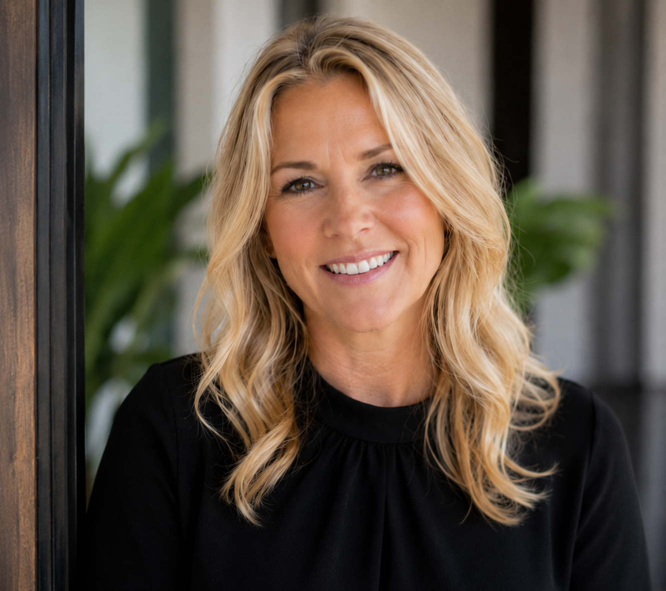 A woman with blonde, wavy hair wearing a black top, smiling and looking at the camera, standing indoors with a blurred background of plants and modern decor.