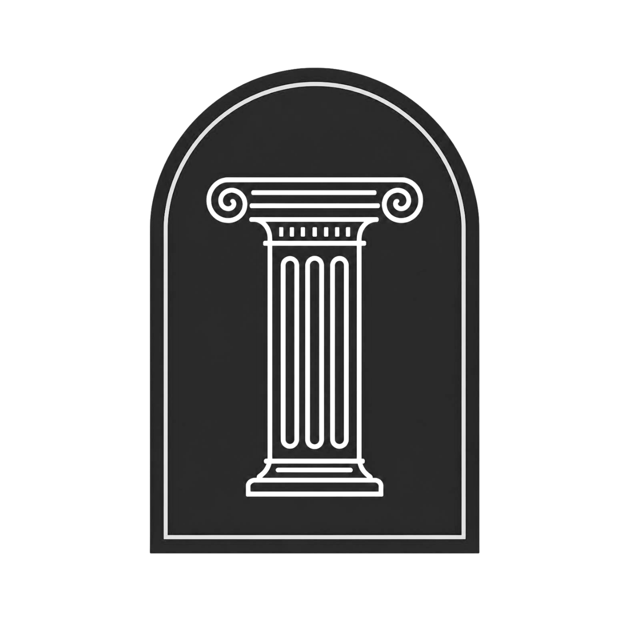 A black plaque with a silver border and a classical column design in the center.