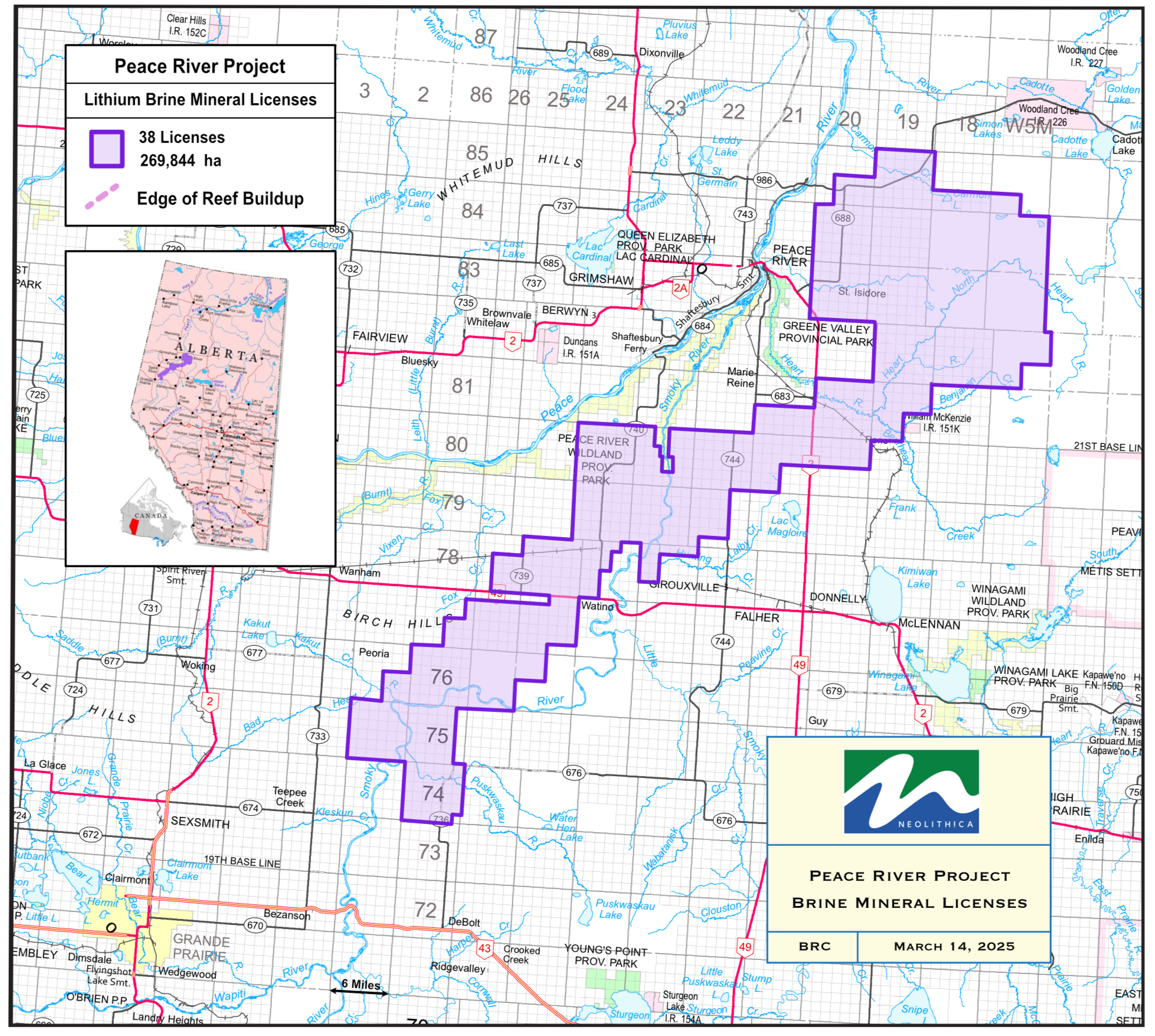 A detailed map showing the Peace River Project in Alberta, illustrating lithium brine mineral licenses with purple outlines, associated labels, and various geographical features such as lakes, rivers, and settlements, along with inset maps and a legend explaining license counts and areas.