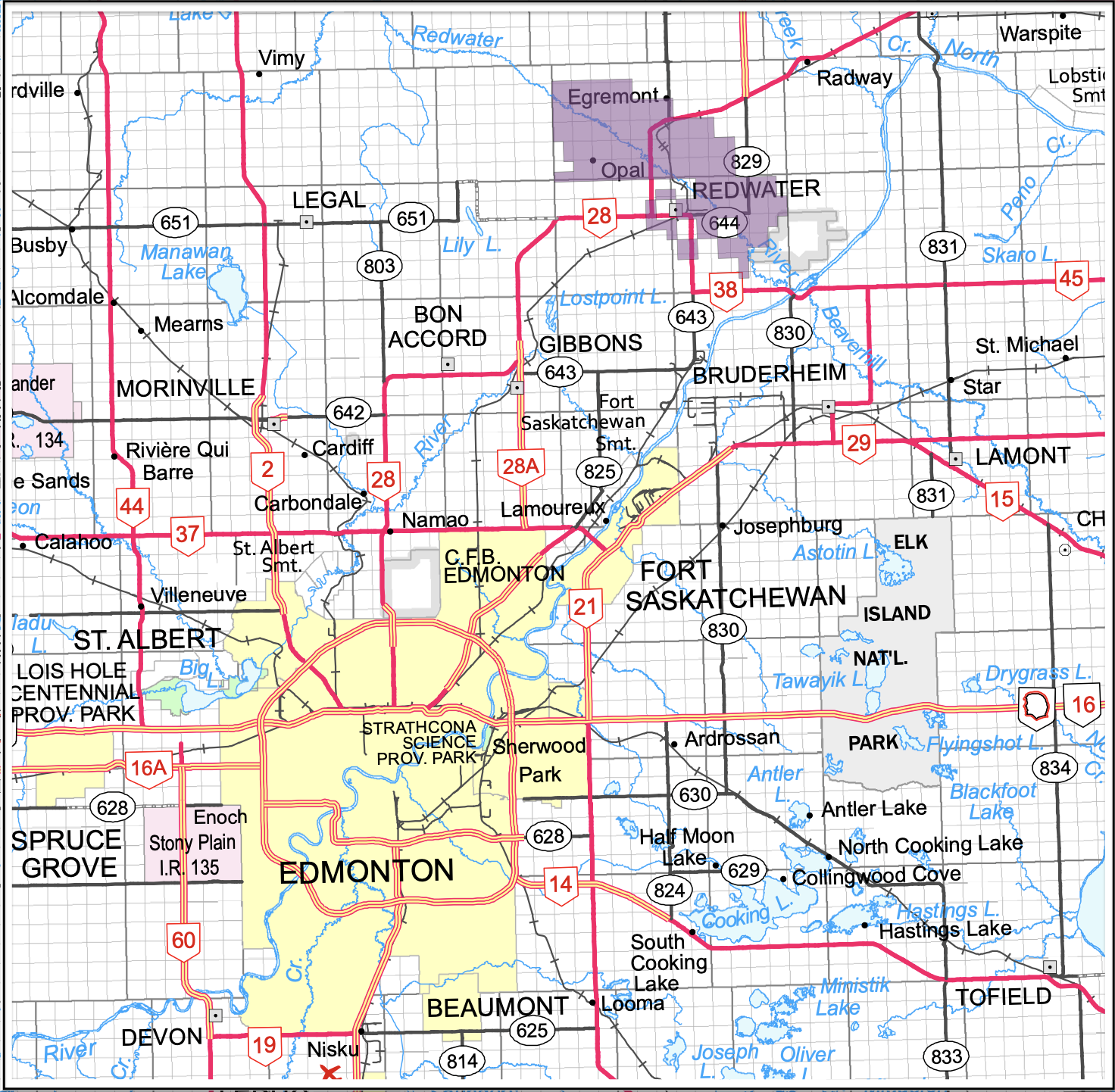 Map showing cities, highways, lakes, and waterways in Saskatchewan, Canada, including Edmonton and Spruce Grove, with various roads and water features labeled.